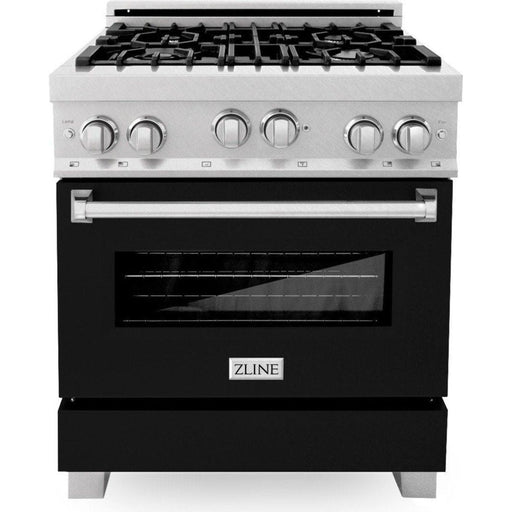 ZLINE 30 In. Professional Gas Range In DuraSnow with Black Matte Door & 30" Range Hood Appliance Package 2KP-RGSBLMRH30