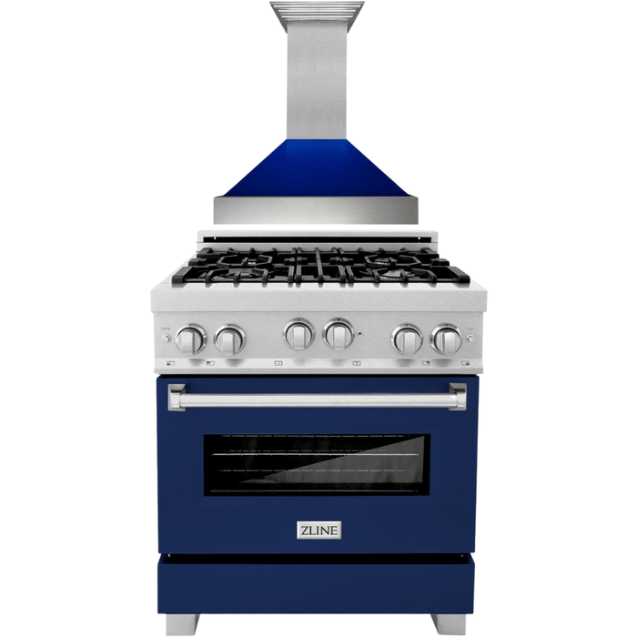 ZLINE 30 In. Professional Gas Range In DuraSnow with Blue Gloss Door & 30" Range Hood Appliance Package 2KP-RGSBGRH30