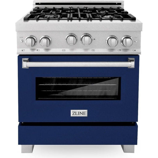 ZLINE 30 In. Professional Gas Range In DuraSnow with Blue Gloss Door & 30" Range Hood Appliance Package 2KP-RGSBGRH30