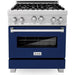 ZLINE 30 In. Professional Gas Range In DuraSnow with Blue Gloss Door & 30" Range Hood Appliance Package 2KP-RGSBGRH30