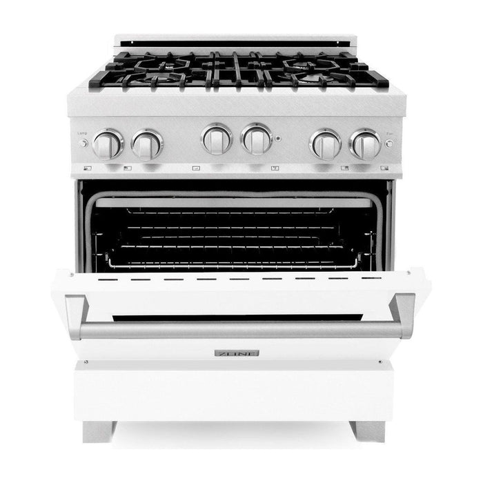 ZLINE 30 In. Professional Gas Range In DuraSnow with White Matte Door & 30" Range Hood Appliance Package 2KP-RGSWMRH30