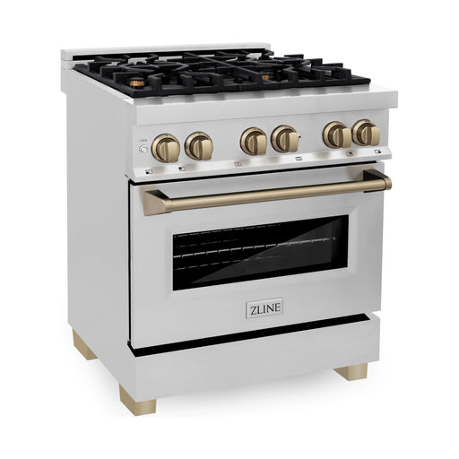 ZLINE 30 Inch Autograph Edition Dual Fuel Range In Stainless Steel with Champagne Bronze Accents RAZ-30-CB