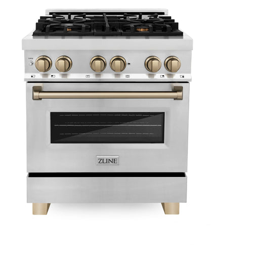 ZLINE 30 Inch Autograph Edition Dual Fuel Range In Stainless Steel with Champagne Bronze Accents RAZ-30-CB