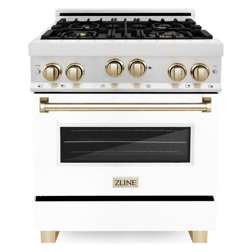 ZLINE 30 Inch Autograph Edition Gas Range In DuraSnow Stainless Steel with White Matte Door and Gold Accents RGSZ-WM-30-G