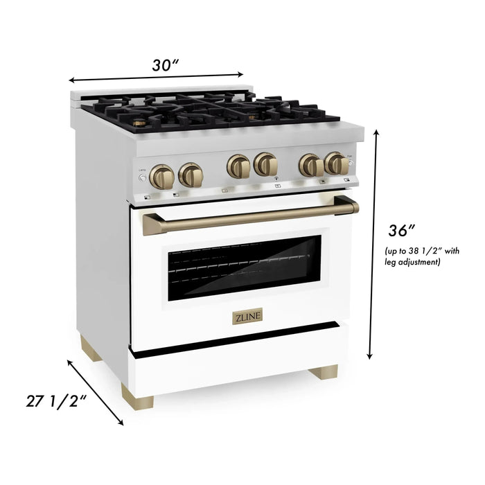 ZLINE 30 Inch Autograph Edition Gas Range in Stainless Steel with White Matte Door and Champagne Bronze Accents RGZ-WM-30-CB