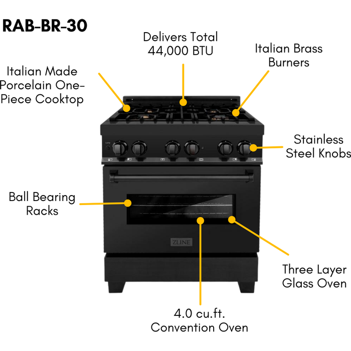 ZLINE Ranges ZLINE 30-Inch Black Stainless 4.0 Cu.ft. 4 Gas Burner/Electric Oven Range With Brass Burners RAB-BR-30