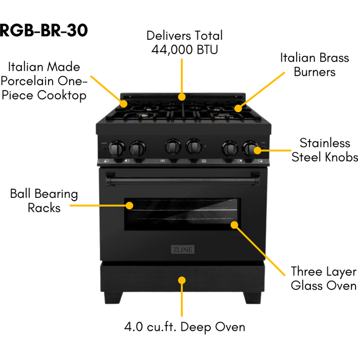 ZLINE 30-Inch Professional 4.0 Cu. Ft. Gas On Gas Range In Black Stainless Steel With Brass Burners RGB-BR-30