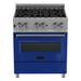 ZLINE 30-Inch Professional Dual Fuel Range In DuraSnow Stainless with Blue Gloss Door RAS-BG-30