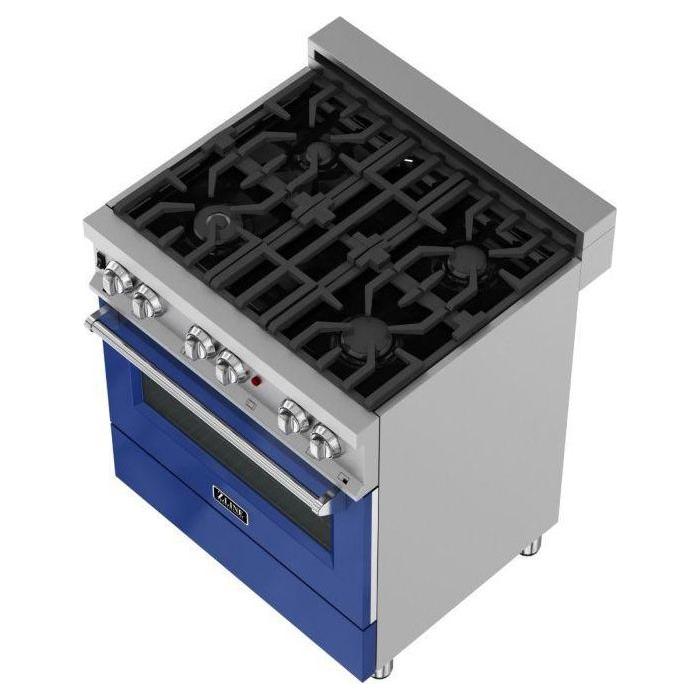 ZLINE 30-Inch Professional Dual Fuel Range In DuraSnow Stainless with Blue Gloss Door RAS-BG-30