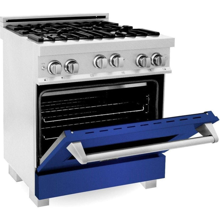 ZLINE 30" Professional Gas Range in DuraSnow with Blue Matte Door & 30" Range Hood Appliance Package 2KP-RGSBMRH30