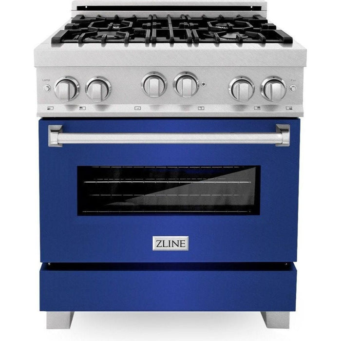 ZLINE 30" Professional Gas Range in DuraSnow with Blue Matte Door & 30" Range Hood Appliance Package 2KP-RGSBMRH30