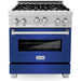 ZLINE 30" Professional Gas Range in DuraSnow with Blue Matte Door & 30" Range Hood Appliance Package 2KP-RGSBMRH30