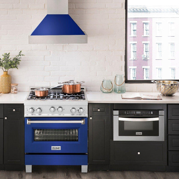 ZLINE 30" Professional Gas Range in DuraSnow with Blue Matte Door & 30" Range Hood Appliance Package 2KP-RGSBMRH30