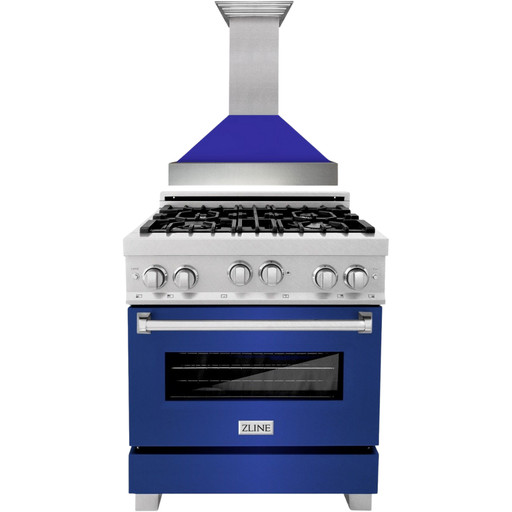 ZLINE 30" Professional Gas Range in DuraSnow with Blue Matte Door & 30" Range Hood Appliance Package 2KP-RGSBMRH30