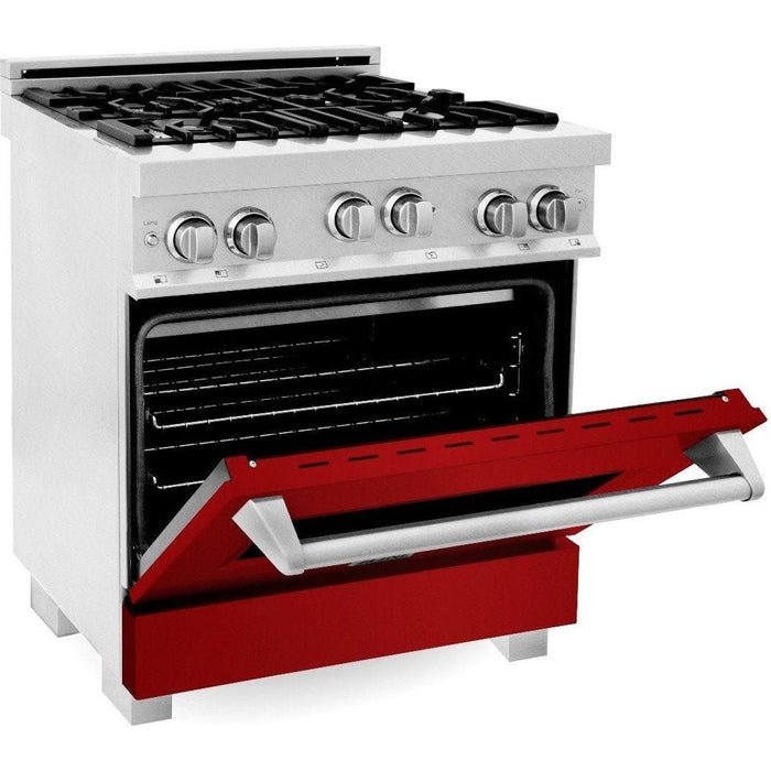 ZLINE 30" Professional Gas Range In DuraSnow with Red Gloss Door & 30" Range Hood Appliance Package 2KP-RGSRGRH30