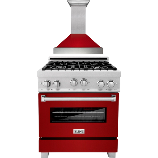 ZLINE 30" Professional Gas Range In DuraSnow with Red Gloss Door & 30" Range Hood Appliance Package 2KP-RGSRGRH30