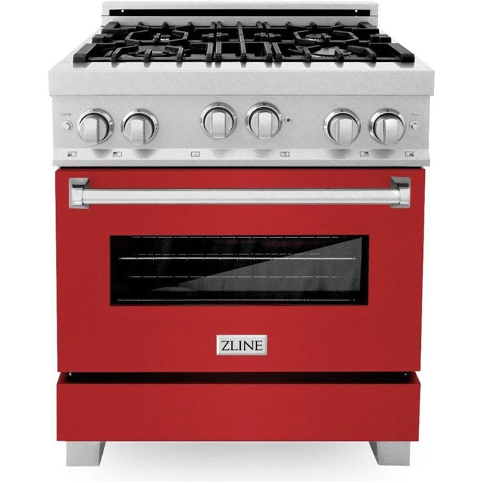 ZLINE 30" Professional Gas Range In DuraSnow with Red Matte Door & 30" Range Hood Appliance Package 2KP-RGSRMRH30