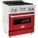 ZLINE 30" Professional Gas Range In DuraSnow with Red Matte Door & 30" Range Hood Appliance Package 2KP-RGSRMRH30