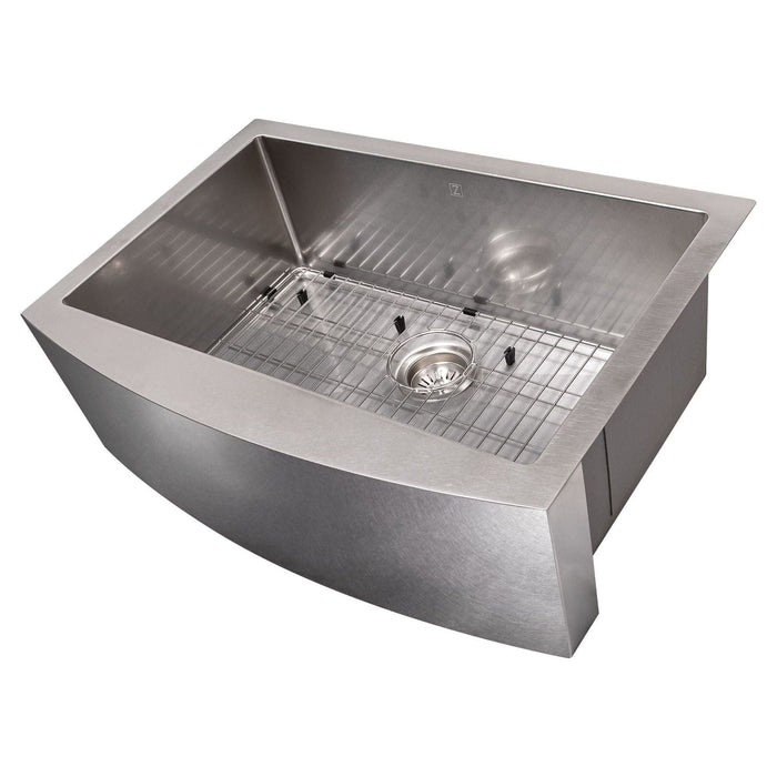 ZLINE 30" Zermatt Farmhouse Apron Mount Single Bowl DuraSnow Stainless Steel Kitchen Sink with Bottom Grid SAS-30S