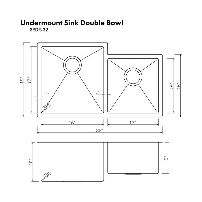 ZLINE 32 in. Jackson Undermount Double Bowl Stainless Steel Kitchen Sink with Bottom Grid SRDR-32