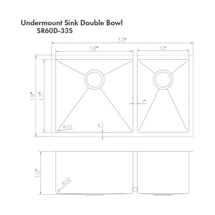 ZLINE 33 in. Chamonix Undermount Double Bowl DuraSnow Stainless Steel Kitchen Sink with Bottom Grid SR60D-33S