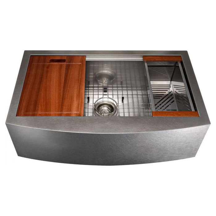 ZLINE 33 in. Moritz Farmhouse Apron Mount Single Bowl DuraSnow® Stainless Steel Kitchen Sink with Bottom Grid and Accessories, SLSAP-33S