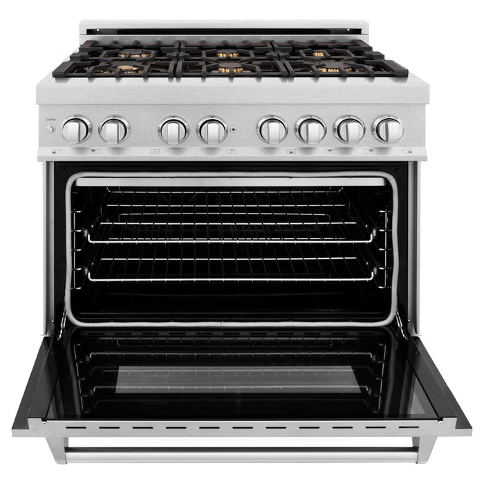 ZLINE Ranges ZLINE 36" 4.6 cu. ft. Gas Burner, Electric Oven with Griddle and Brass Burners in DuraSnow® Stainless Steel, RAS-SN-BR-GR-36