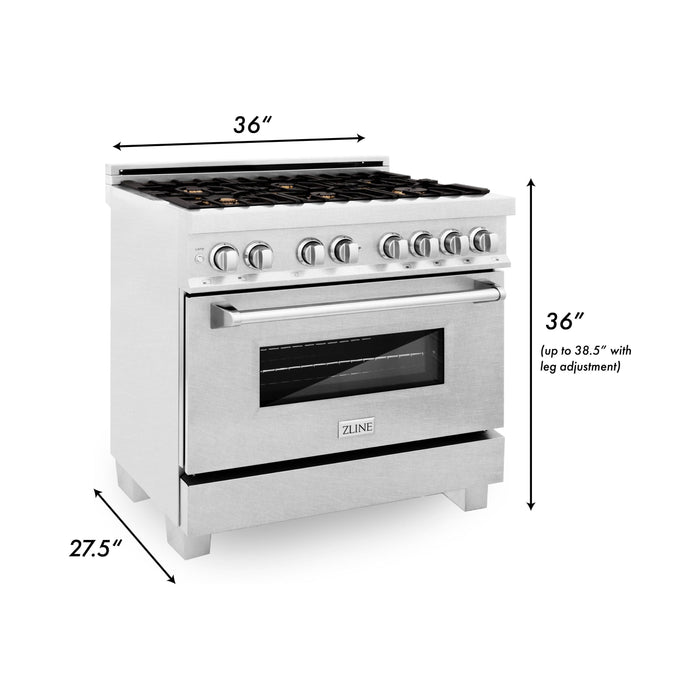 ZLINE Ranges ZLINE 36" 4.6 cu. ft. Gas Burner, Electric Oven with Griddle and Brass Burners in DuraSnow® Stainless Steel, RAS-SN-BR-GR-36