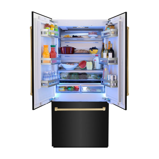 ZLINE 36" Autograph 19.6 cu. ft. Built-in Refrigerator with Internal Water and Ice Dispenser in Black Stainless Steel with Gold Accents, RBIVZ-BS-36-G