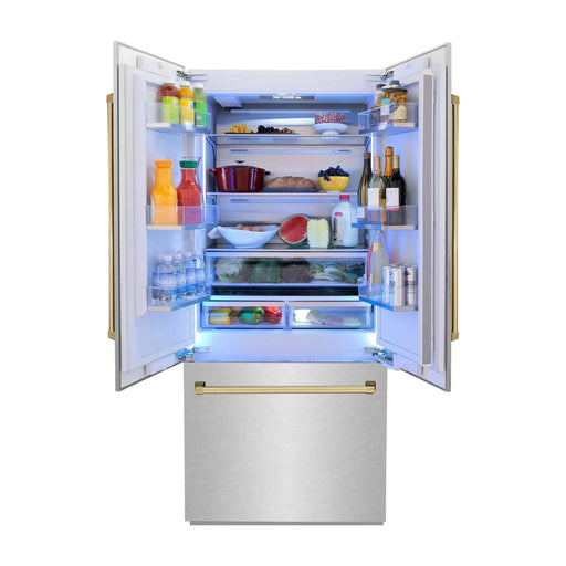 ZLINE 36" Autograph 19.6 cu. ft. Built-In Refrigerator with Internal Water and Ice Dispenser in Fingerprint Resistant Stainless Steel with Gold Accents, RBIVZ-SN-36-G