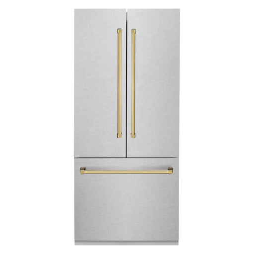 ZLINE Refrigerators ZLINE 36" Autograph 19.6 cu. ft. Built-In Refrigerator with Internal Water and Ice Dispenser in Fingerprint Resistant Stainless Steel with Gold Accents, RBIVZ-SN-36-G