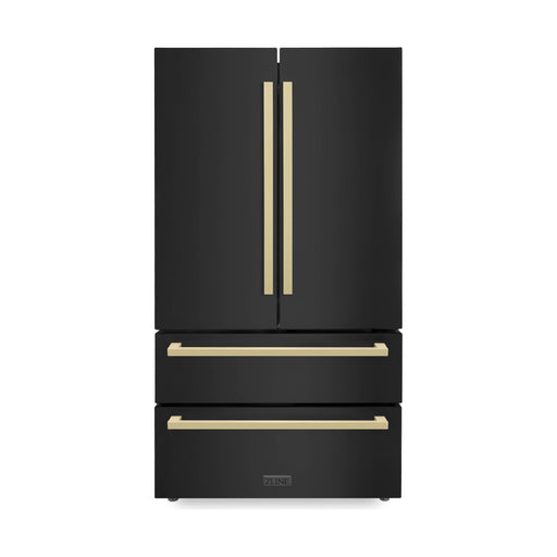 ZLINE 36" Autograph 22.5 cu. ft. Refrigerator with Ice Maker in Black Stainless Steel and Champagne Bronze Square Handles, RFMZ-36-BS-FCB