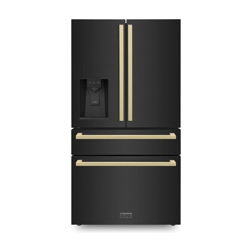 ZLINE Refrigerators ZLINE 36" Autograph Refrigerator with Water and Ice Dispenser in Black with Champagne Bronze Square Handles, RFMZ-W36-BS-FCB