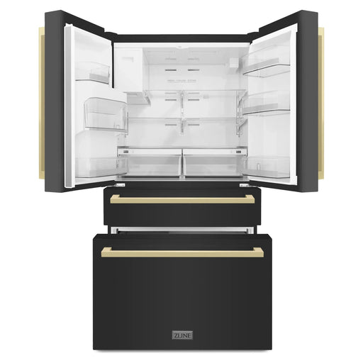ZLINE Refrigerators ZLINE 36" Autograph Refrigerator with Water and Ice Dispenser in Black with Champagne Bronze Square Handles, RFMZ-W36-BS-FCB