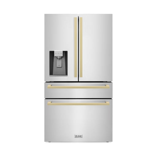ZLINE Refrigerators ZLINE 36" Autograph Refrigerator with Water and Ice Dispenser in Fingerprint Resistant Stainless Steel with Champagne Bronze Square Handles, RFMZ-W-36-FCB