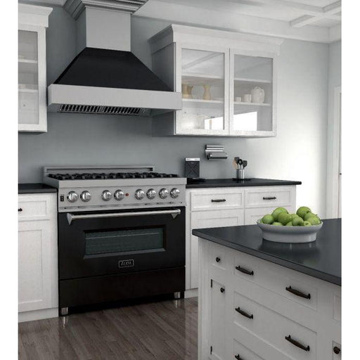 ZLINE Kitchen Appliance Packages ZLINE 36" Dual Fuel Range In DuraSnow with Black Matte Door & 36" Range Hood Appliance Package 2KP-RASBLMRH36