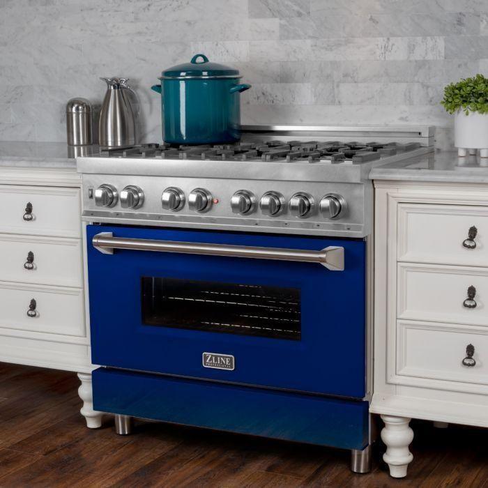 ZLINE 36" Dual Fuel Range In DuraSnow with Blue Gloss Door & 36" Range Hood Appliance Package 2KP-RASBGRH36