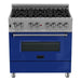 ZLINE 36" Dual Fuel Range In DuraSnow with Blue Gloss Door & 36" Range Hood Appliance Package 2KP-RASBGRH36