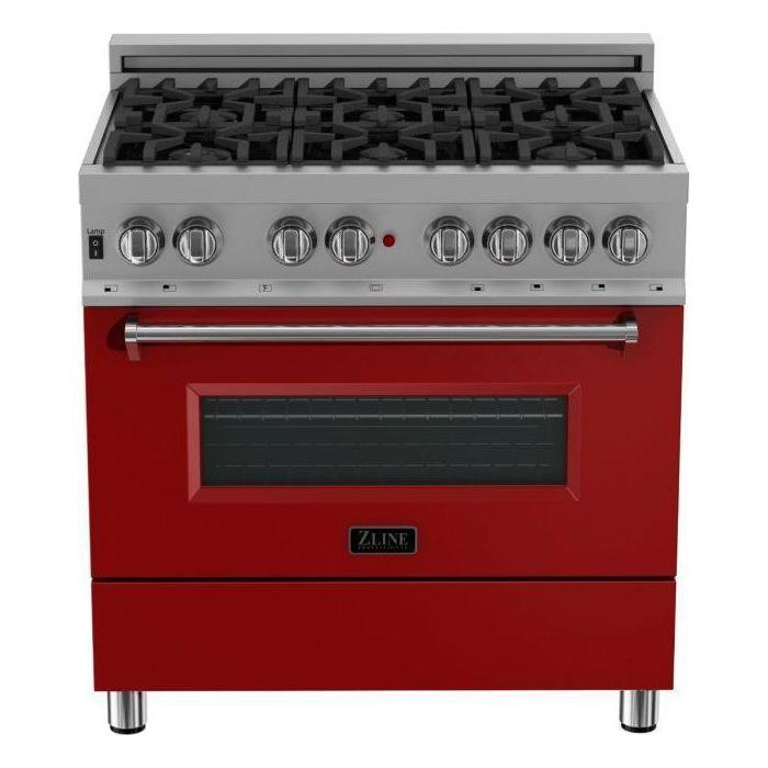 ZLINE 36" Dual Fuel Range In DuraSnow with Red Matte Door & 36" Range Hood Appliance Package 2KP-RASRMRH36