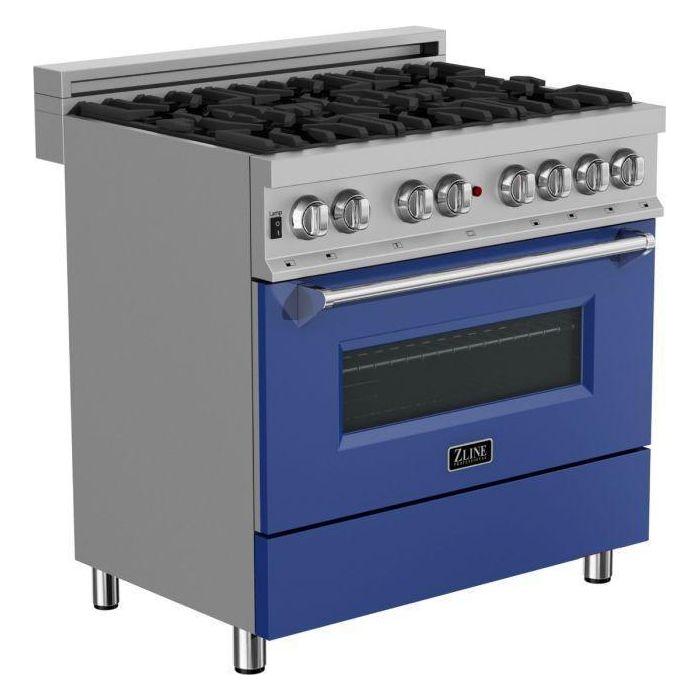 ZLINE 36" Dual Fuel Range with Blue Matte Door & 36" Range Hood Appliance Package 2KP-RASBMRH36