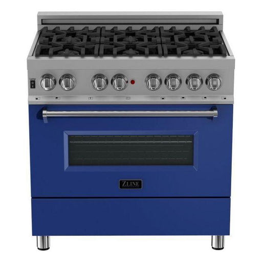 ZLINE 36" Dual Fuel Range with Blue Matte Door & 36" Range Hood Appliance Package 2KP-RASBMRH36