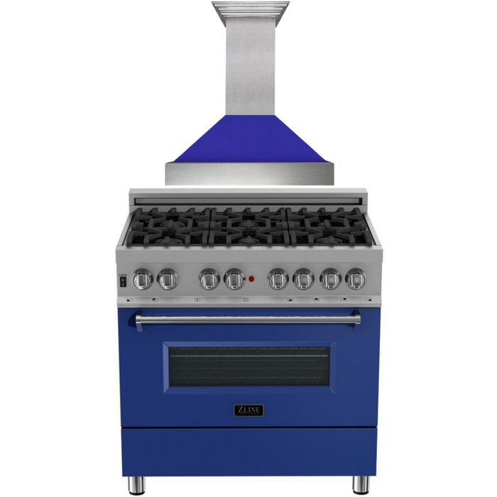 ZLINE 36" Dual Fuel Range with Blue Matte Door & 36" Range Hood Appliance Package 2KP-RASBMRH36