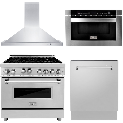 ZLINE 36 Gas Range, 36 Range Hood, Microwave Drawer and 3 Rack Dishwasher Appliance Package