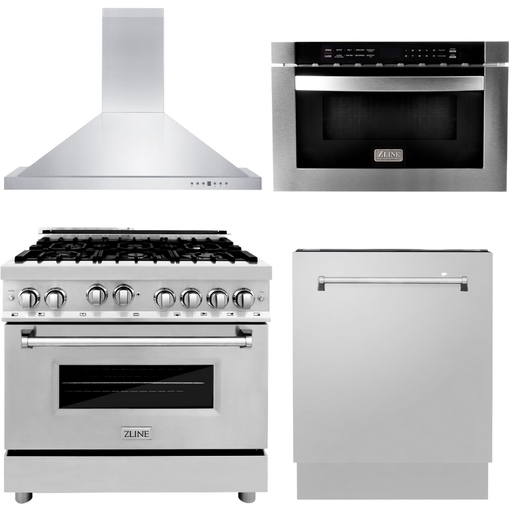 ZLINE Kitchen Appliance Packages ZLINE 36 Gas Range, 36 Range Hood, Microwave Drawer and 3 Rack Dishwasher Appliance Package