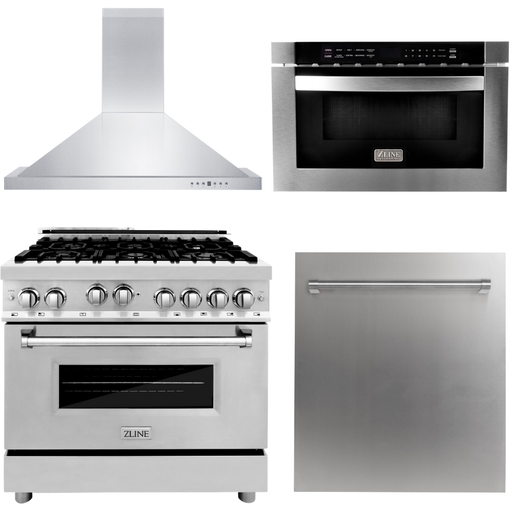 ZLINE 36 Gas Range, 36 Range Hood, Microwave Drawer and Dishwasher Appliance Package