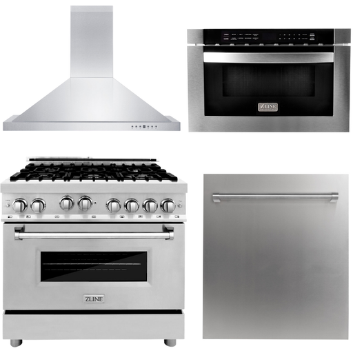 ZLINE Kitchen Appliance Packages ZLINE 36 Gas Range, 36 Range Hood, Microwave Drawer and Dishwasher Appliance Package