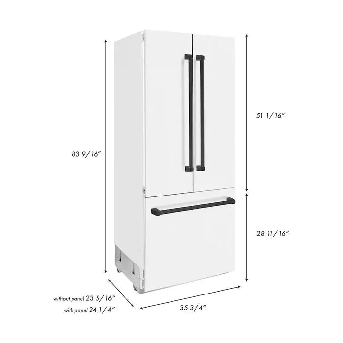 ZLINE 36 In. 19.6 cu. ft. Built-In French Door Refrigerator with Internal Water and Ice Dispenser in White Matte with Black Accents, RBIVZ-WM-36-MB