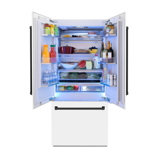 ZLINE 36 In. 19.6 cu. ft. Built-In French Door Refrigerator with Internal Water and Ice Dispenser in White Matte with Black Accents, RBIVZ-WM-36-MB