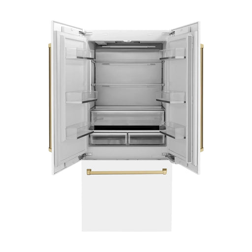 ZLINE 36 In. 19.6 cu. ft. Built-In French Door Refrigerator with Internal Water and Ice Dispenser in White Matte with Bronze Accents, RBIVZ-WM-36-CB