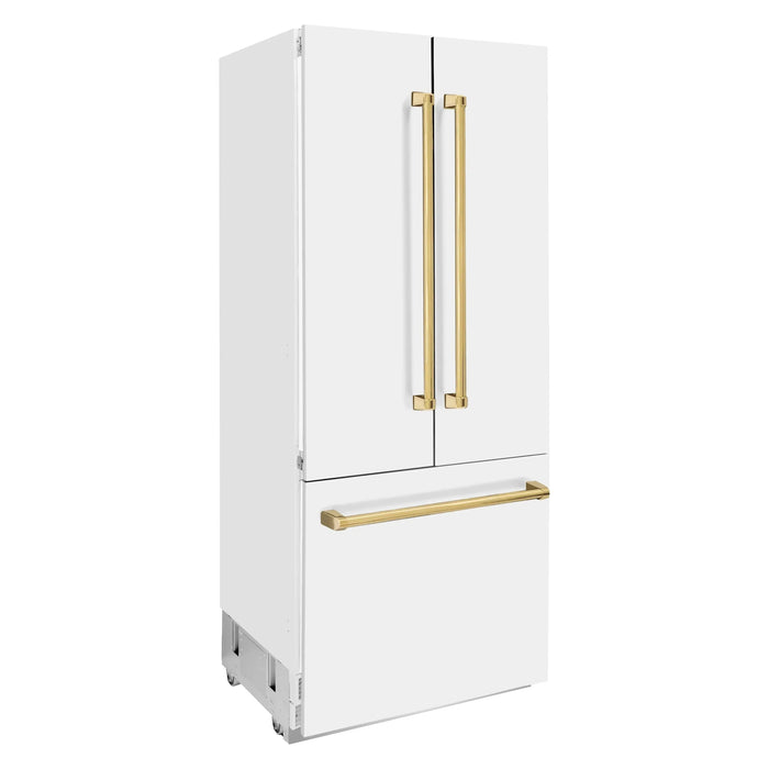 ZLINE 36 In. 19.6 cu. ft. Built-In French Door Refrigerator with Internal Water and Ice Dispenser in White Matte with Gold Accents, RBIVZ-WM-36-G